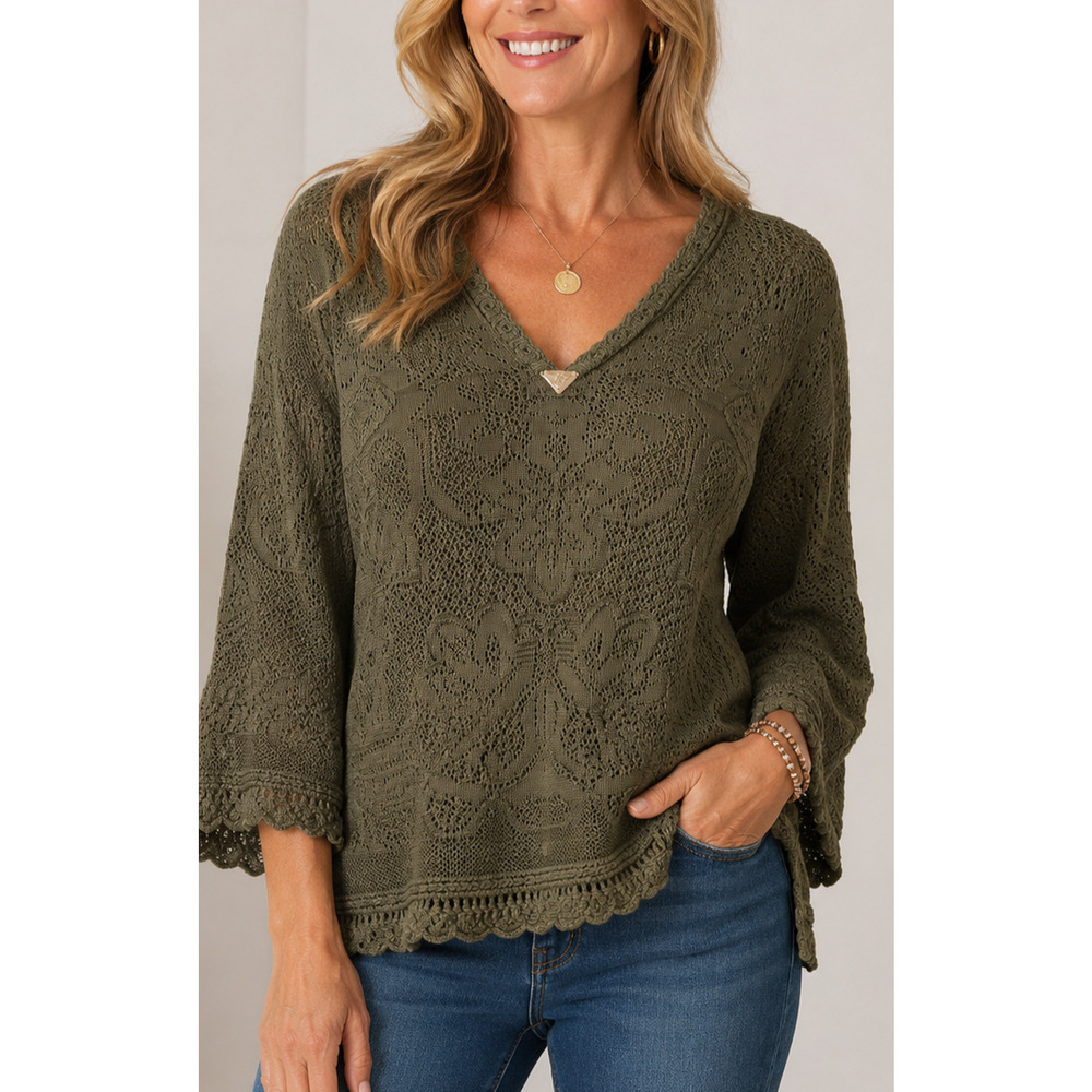 NWOT White House Black Market XL Olive Green textured Knit V-Neck Sweater Boho